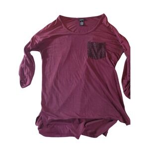 Rue21 Womens Burgundy 3/4 Roll Tab Sleeve Pocket Top Size M Maroon Knit Shirt